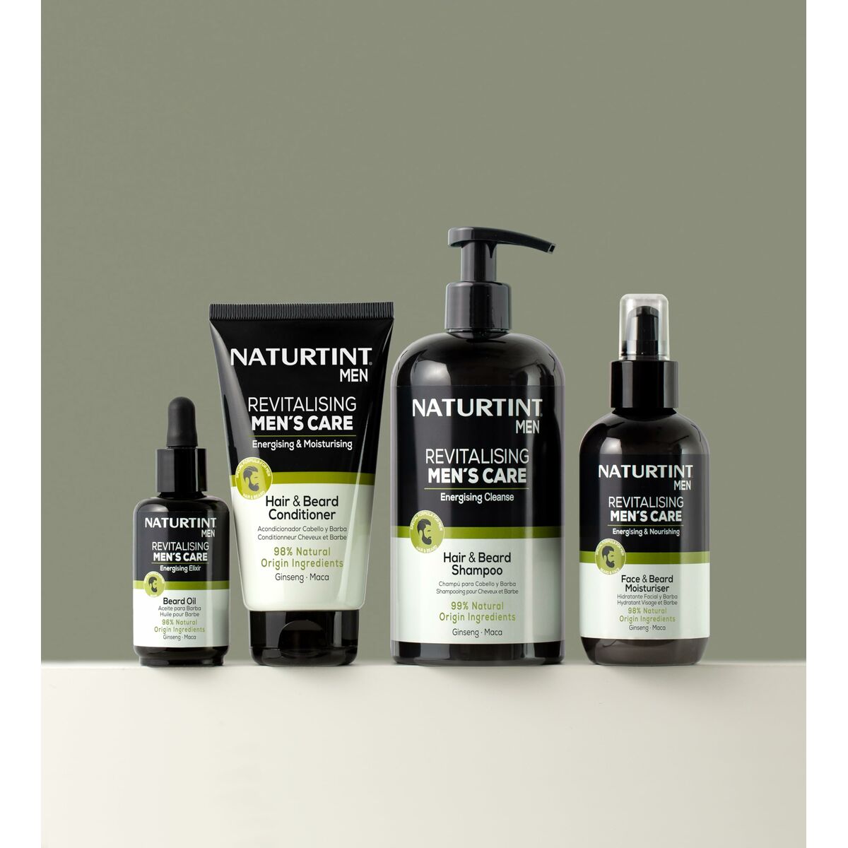 Lotion après-rasage Naturtint MEN along with hair and beard care products for men's grooming.