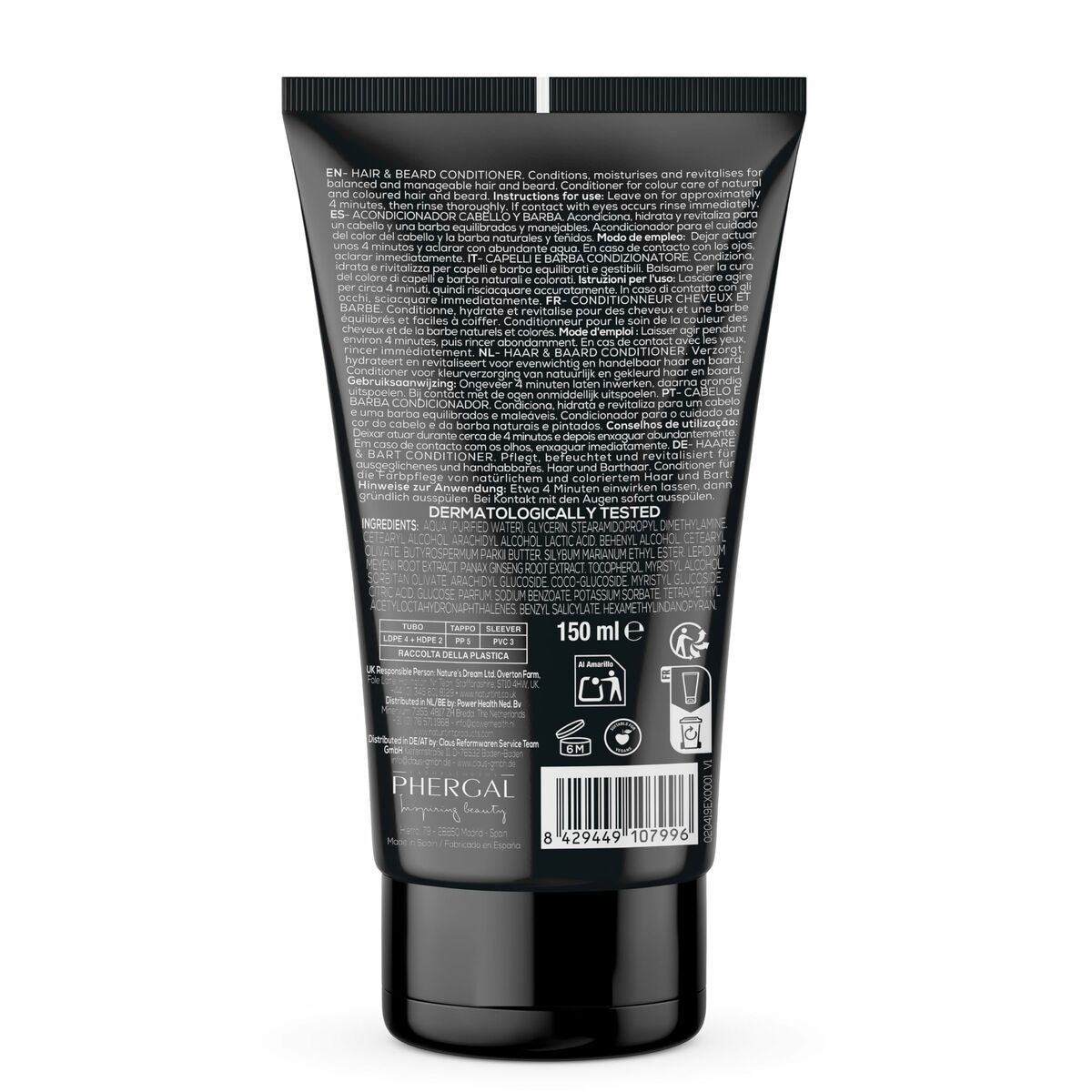 Back view of Naturtint MEN aftershave lotion tube, 150ml, featuring product details and dermatalogical testing info.