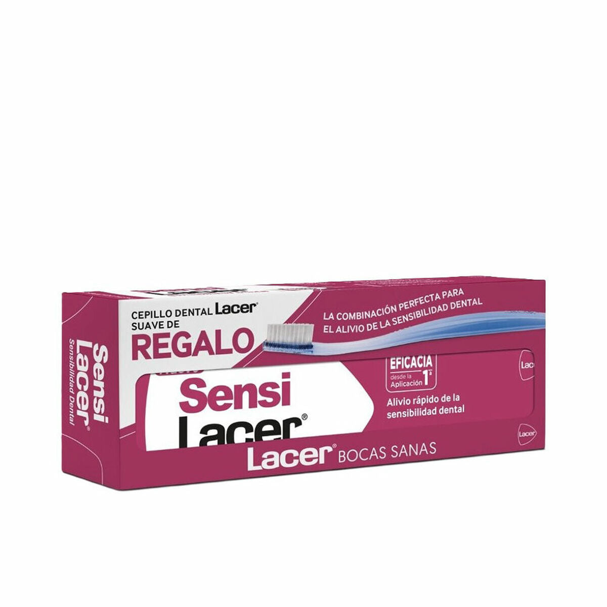 Emballage du dentifrice Sensi Lacer avec brosse à dents douce, idéal pour la sensibilité dentaire.
