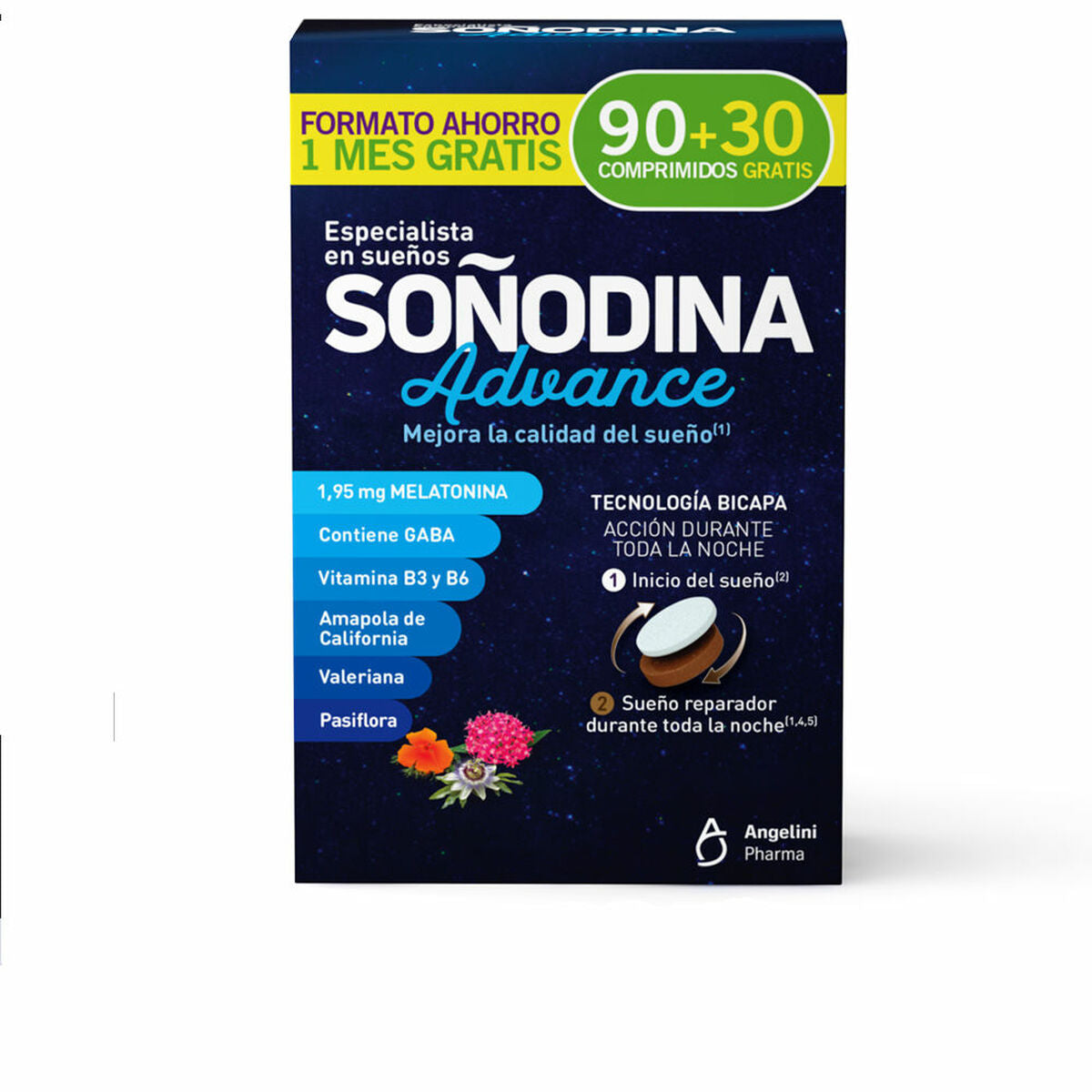 Soin anti-taches Natura Essenziale Soñodina, 90 comprimidos, avec mélatonine et vitamines B3, B6.