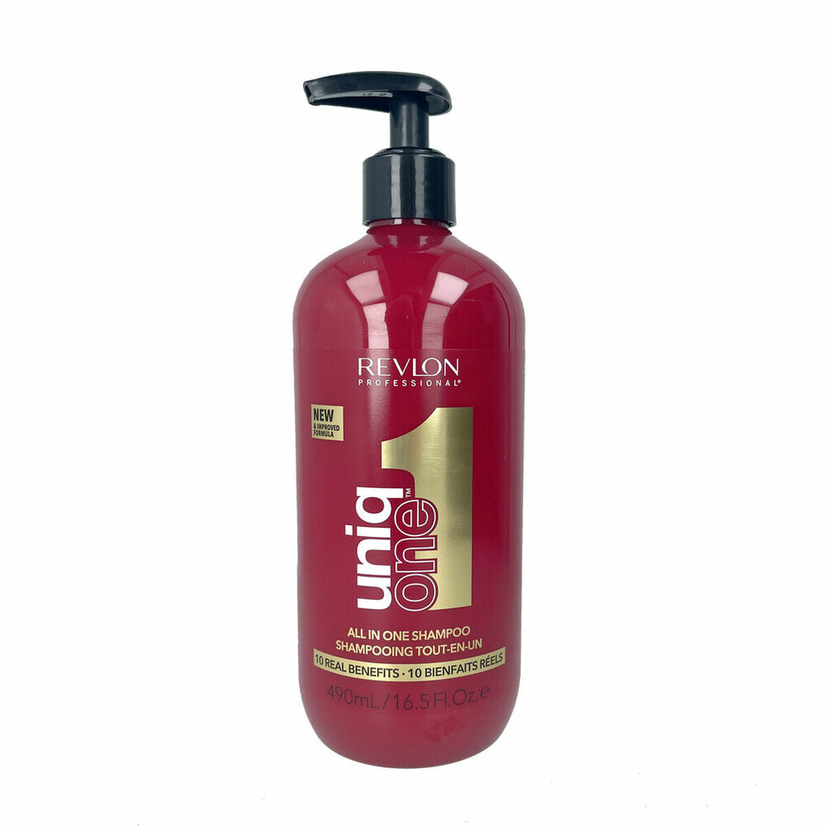 Revlon Uniq One All-in-One Shampoo 490 ml bottle for all hair types, unisex, vegan formula.