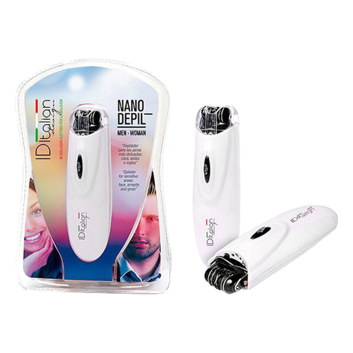 Épilateur électrique Nano Id Italian pour hommes et femmes, idéal pour l'hygiène intime, avec accessoire de nettoyage.