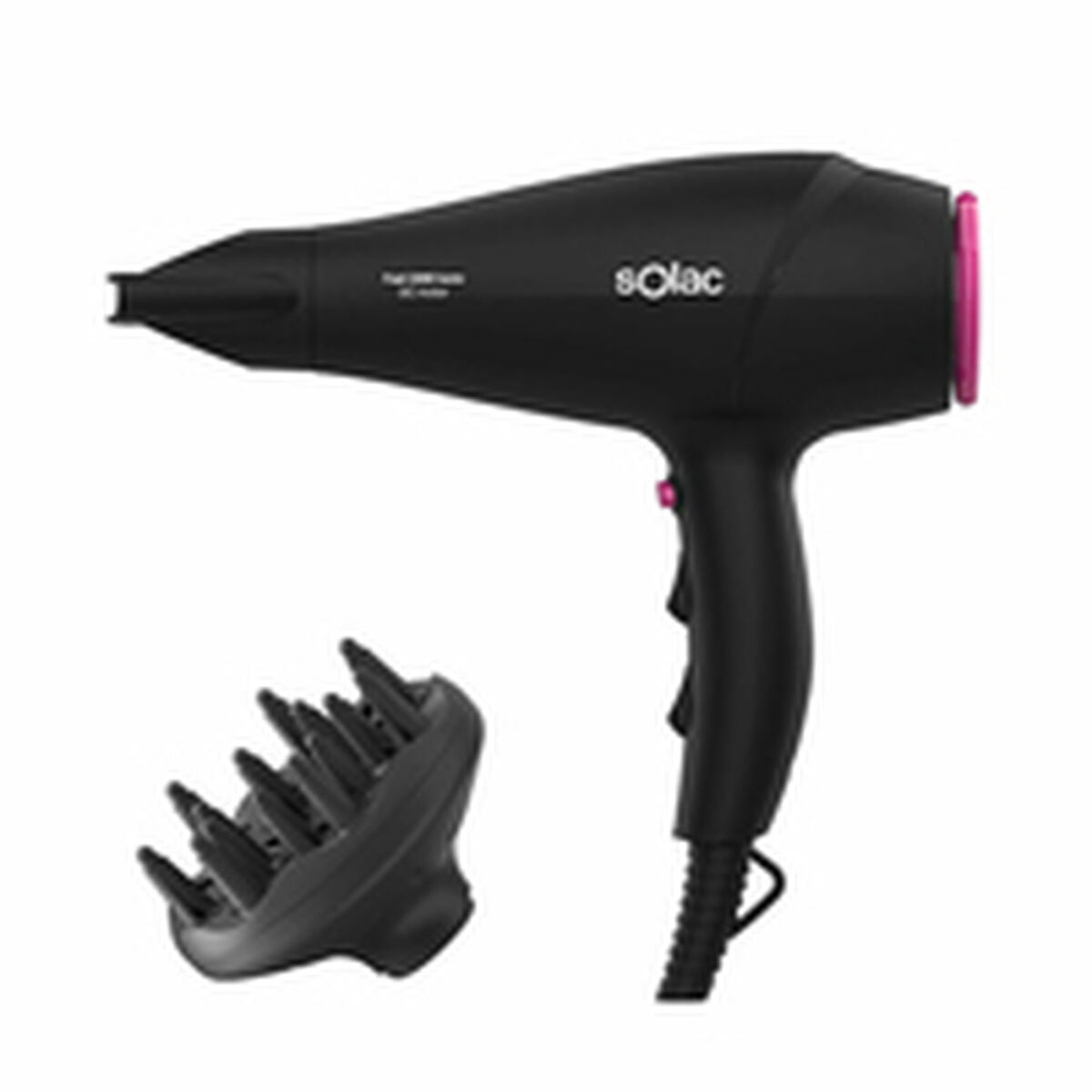 Sèche-cheveux Solac SH7083 Noir 2200 W avec diffuseur accessoire, idéal pour un coiffage rapide et efficace.