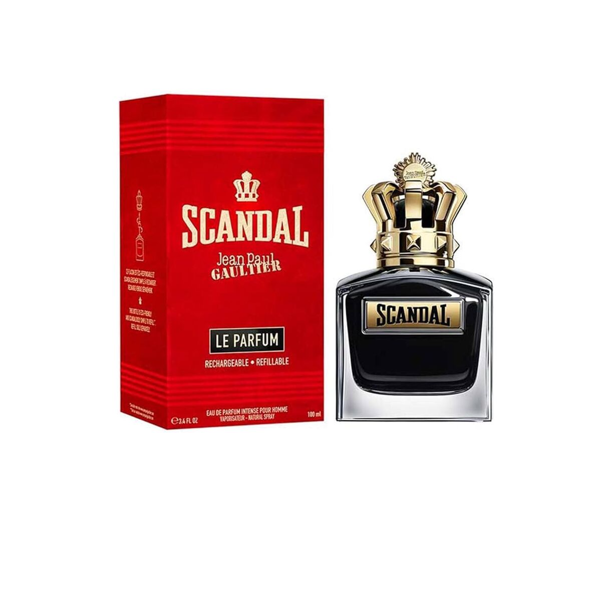 Parfum Homme Jean Paul Gaultier Scandal EDP 100 ml with packaging, featuring a crown topper and bold red box design.