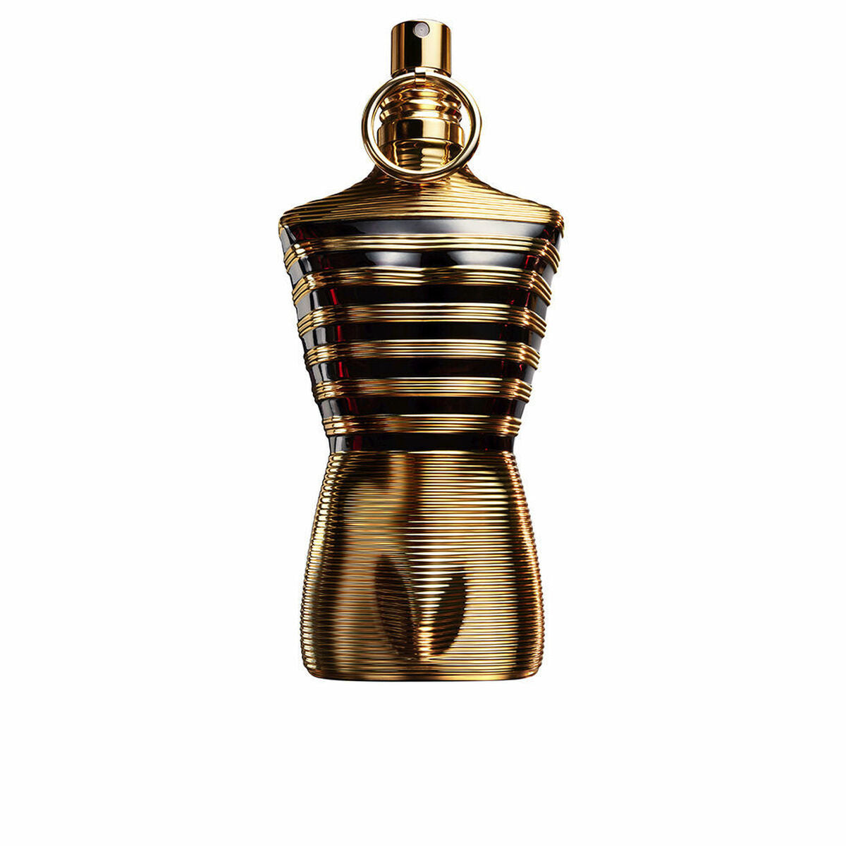 Bouteille de parfum homme Jean Paul Gaultier Le Male 125 ml, design en forme de torse, finition dorée et rayée.
