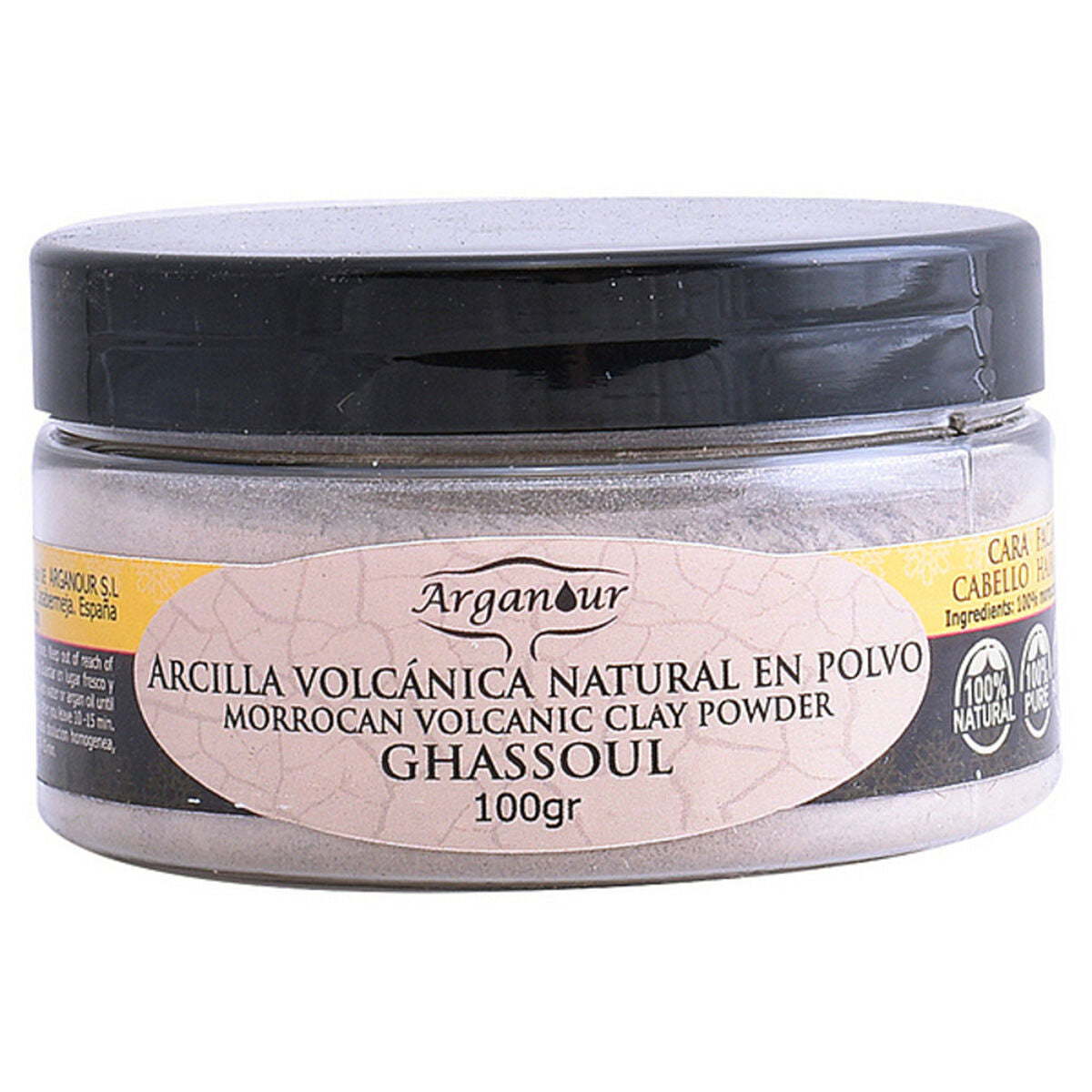 Masque d'Argile Ghassoul Arganour 100 g, produit naturel pour visage et cheveux, soin beauté unisexe.