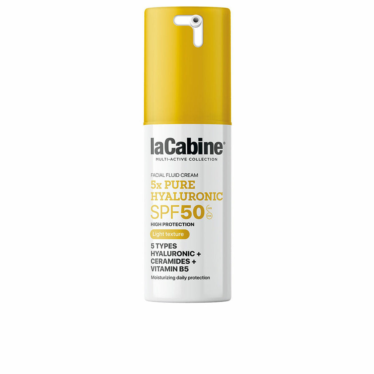 laCabine 5X Pure Hyaluronic SPF 50 sunscreen, 30 ml fluid cream for high protection and moisturizing.