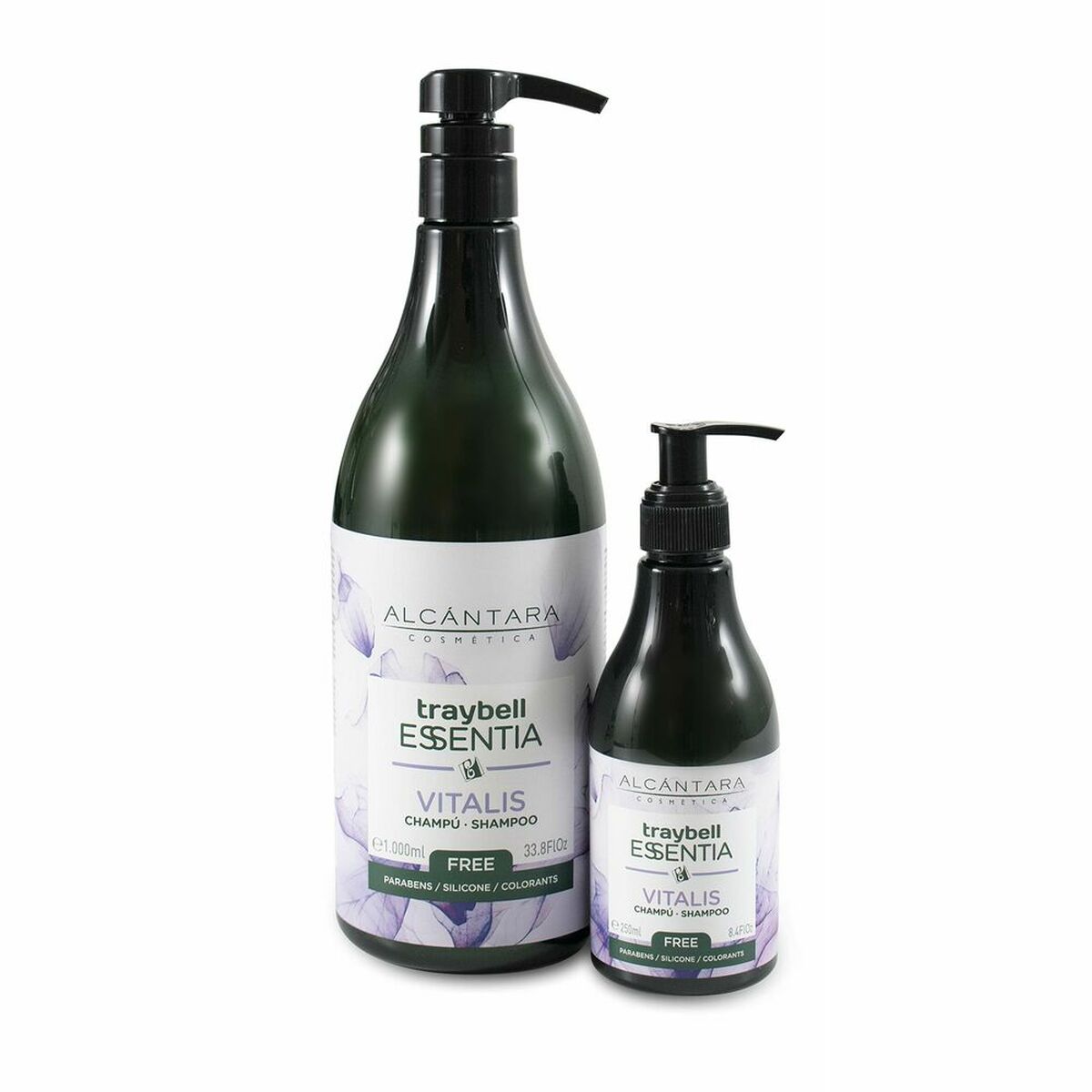 Alcantara Traybell Essentia Vitalis shampoo bottles, 250ml and 1L, free from parabens and silicones.