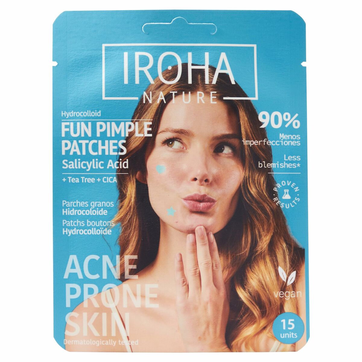 Iroha FUN SOS GRANOS facial patches with salicylic acid, tea tree, and CICA for acne-prone skin, 15 units.