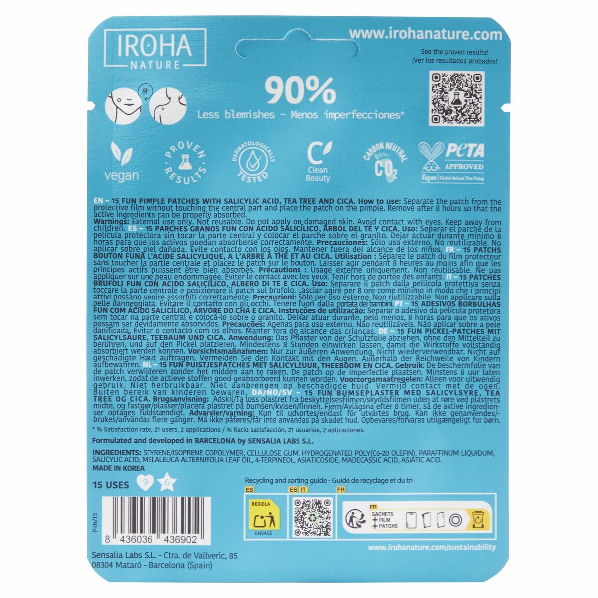 Iroha FUN SOS GRANOS face patches packaging with details on ingredients and usage, 15 units for blemish treatment.