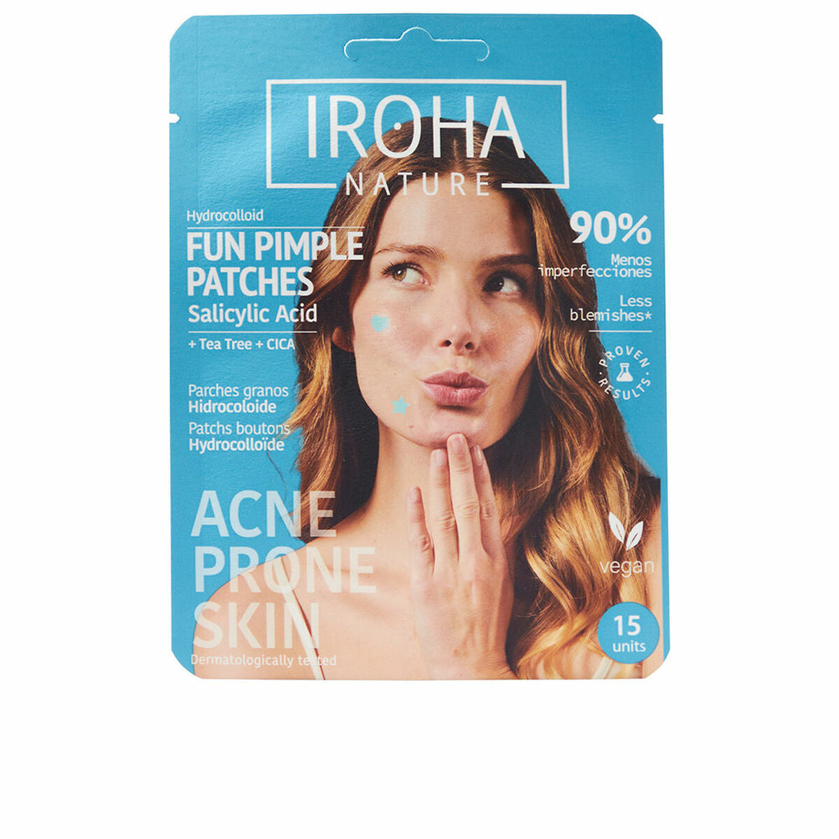Patchs Iroha FUN SOS GRANOS pour le visage avec acide salicylique, 15 unités, vegan et non testé sur animaux.
