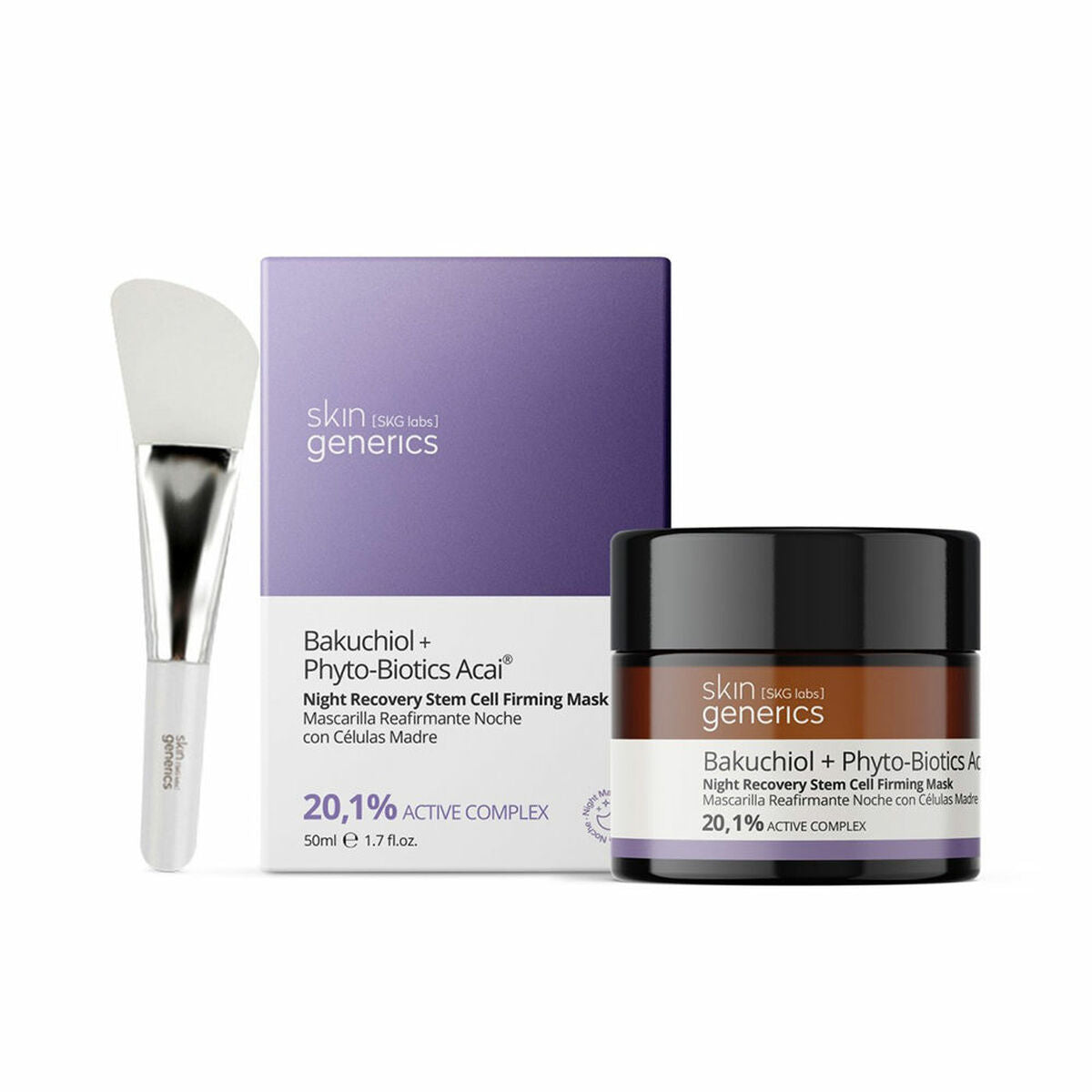 Masque Hydratant Nuit Skin Generics Bakuchiol+ Phyto-Biotics Acai 50 ml with application spatula, skincare product image.