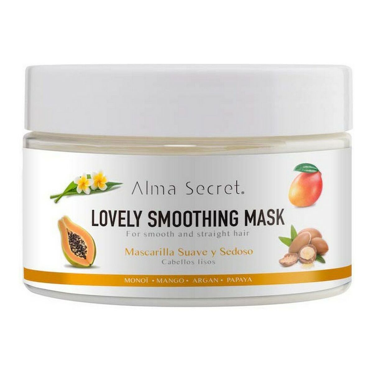Masque pour cheveux Alma Secret Lovely Smoothing 250 ml, enrichi en papaye, mangue et argan pour des cheveux lisses.
