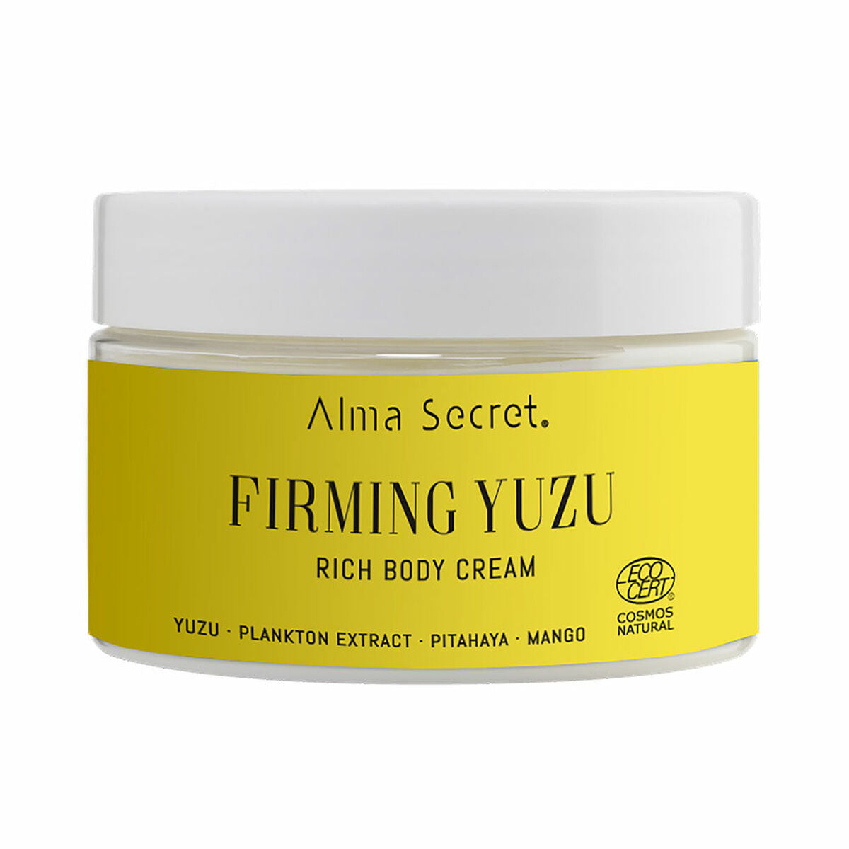 Alma Secret Firming Yuzu rich body cream jar with yellow label and natural ingredients.