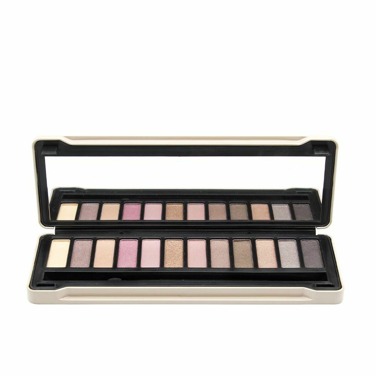 Magic Studio nudes eyeshadow palette with 12 shades and a mirror, perfect for enhancing beauty.