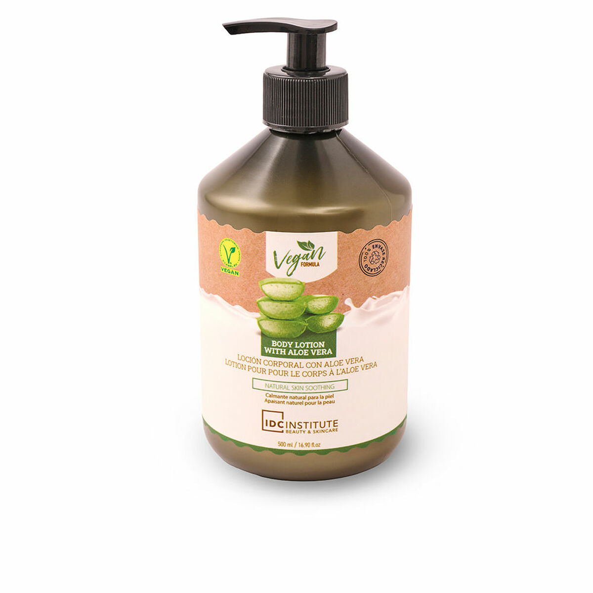 Lotion corporelle IDC Institute Aloe Vera 500 ml, vegan, hydratante, apaisante, convenable pour tous types de peau.
