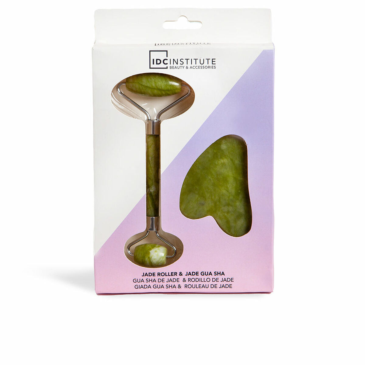 Masseur Haute Fréquence IDC Institute Jade Roller et Gua Sha pour rajeunissement du visage, 2 pièces.