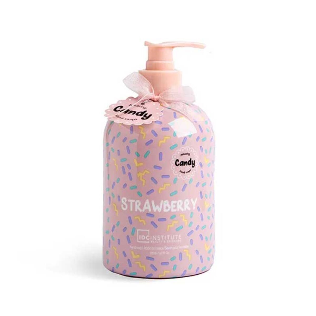 Savon pour les mains IDC Institute CANDY 500 ml Fraise, arôme sucré, flacon avec pompe, design coloré.
