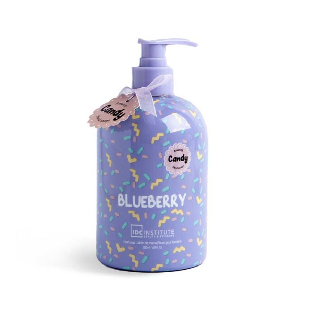 Gel désinfectant pour les mains IDC Institute Candy Blueberry 500 ml, parfum fruits des bois en flacon pompe.