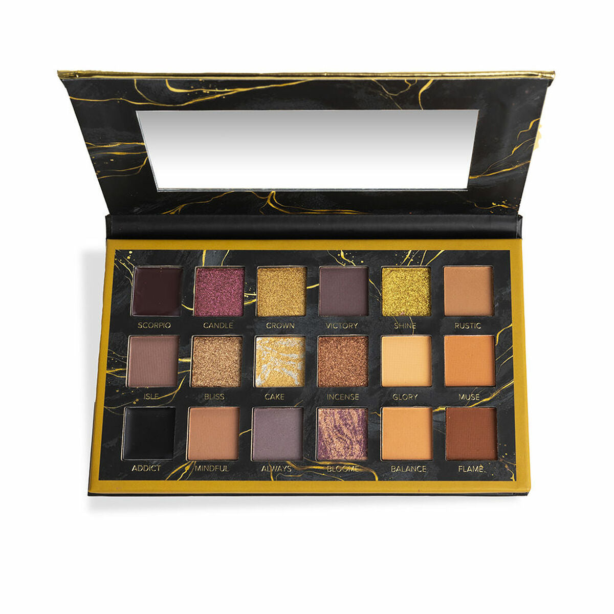 Eyeshadow palette featuring 16 vibrant colors in matte and shimmer finishes, beautifully designed with a gold and black theme.