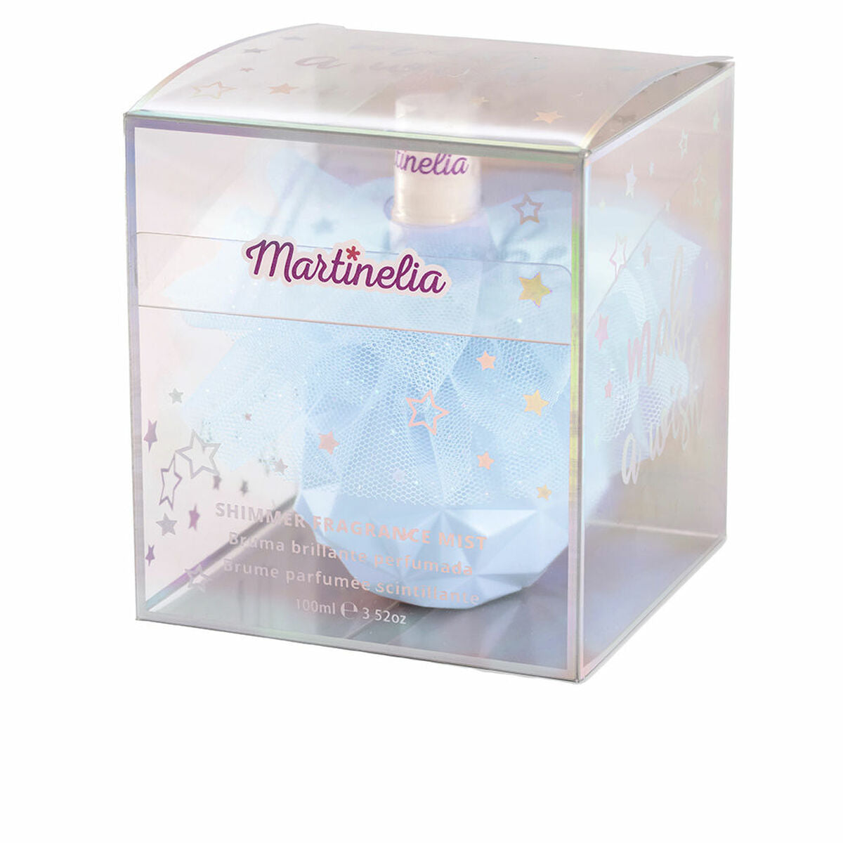 Martinelia Shimmer Fragrance Mist in a blue box, 100 ml, featuring glitter and star designs.