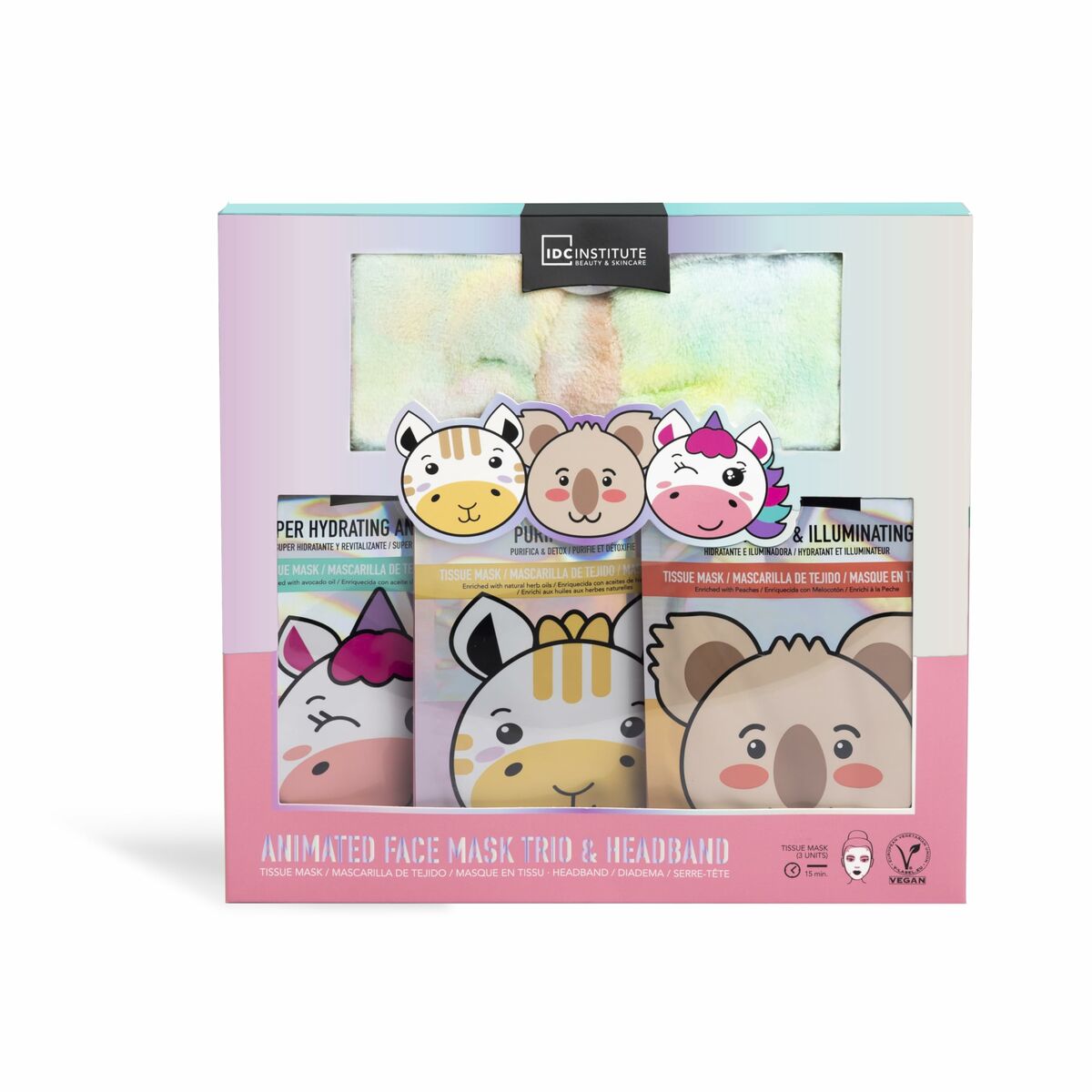 IDC Institute Animated Face Mask Trio and Headband featuring cute animal designs in a colorful packaging.