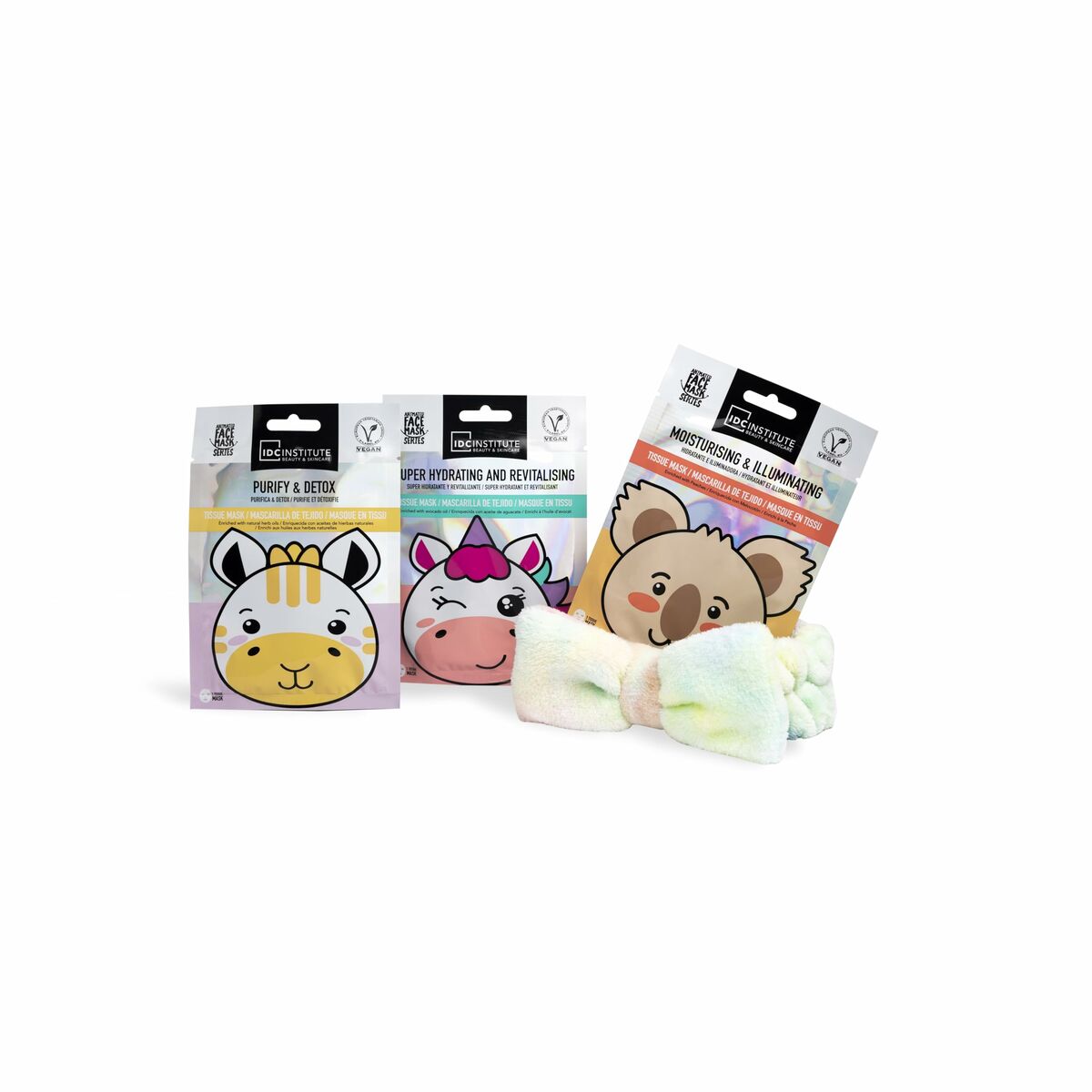 Assorted animal-themed skincare masks and scrunchie on a white background, featuring zebra, unicorn, and koala designs.