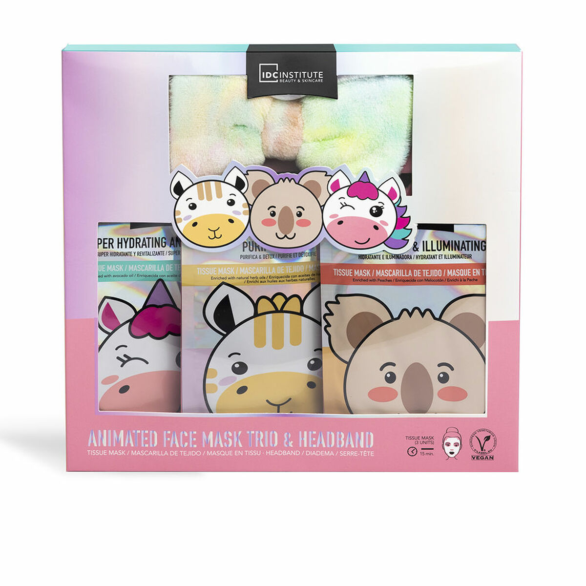 IDC Institute animated face mask trio and headband set featuring cute animal designs. Perfect for hydration and illumination.