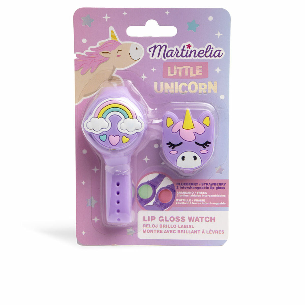 Ensemble de Beauté Martinelia LITTLE UNICORN avec montre brille à lèvres violette et motifs arc-en-ciel et licorne.
