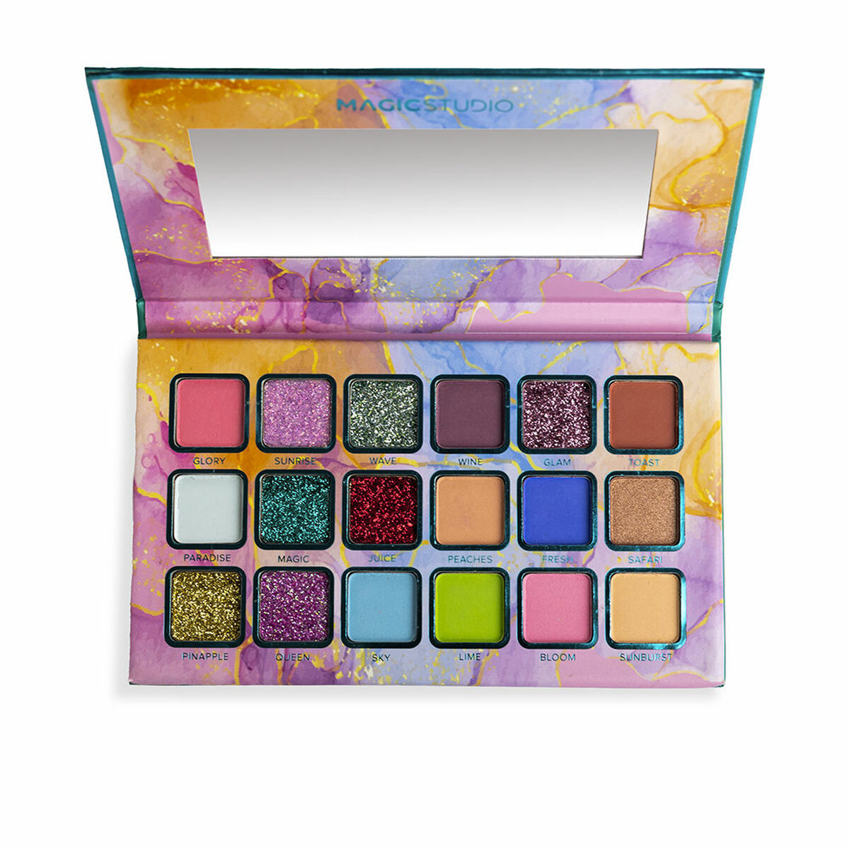 Magic Studio colorful eyeshadow palette with 16 vibrant shades and a mirror, featuring glitter and matte finishes.