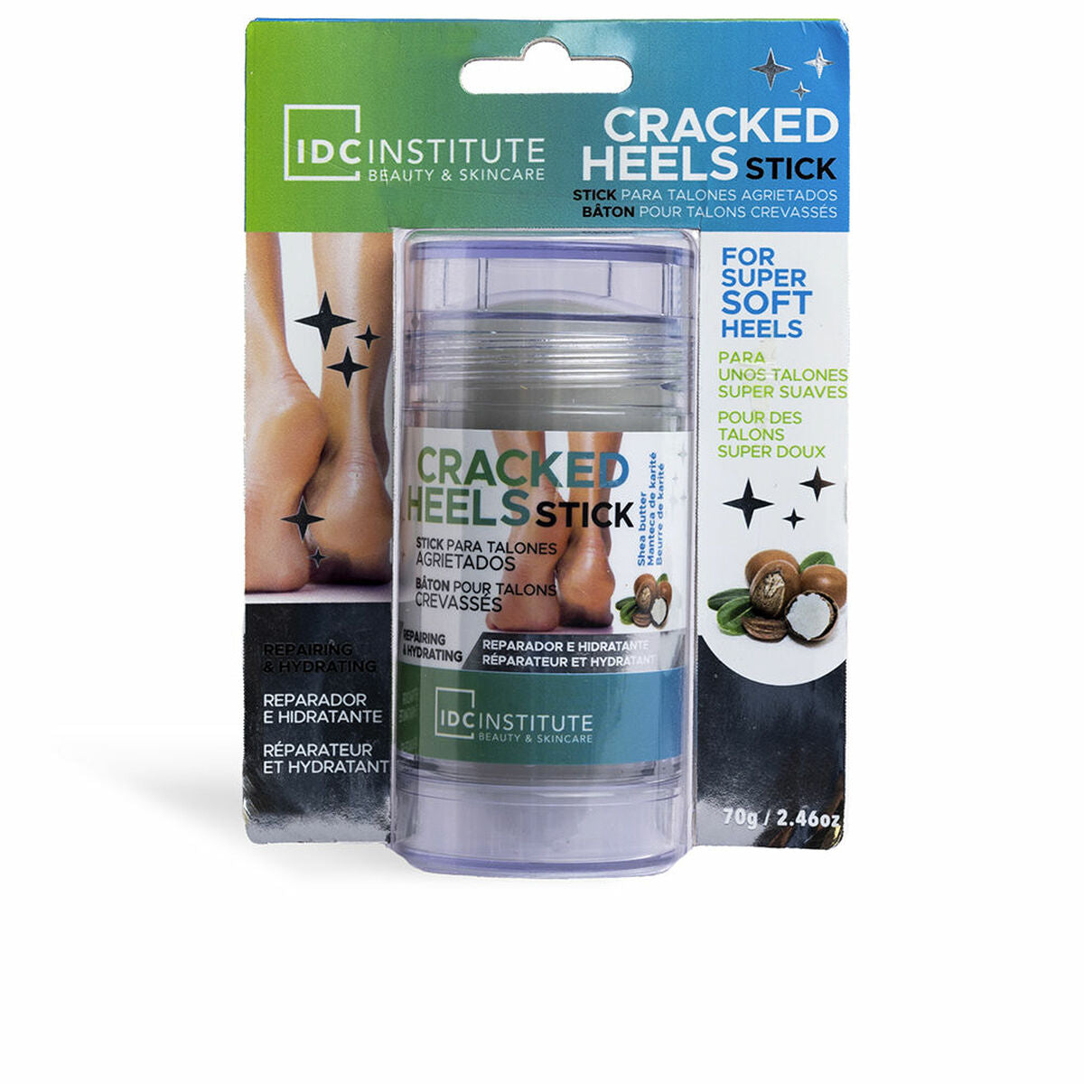 Crème hydratante pour les pieds IDC Institute CRACKED HEEL en stick, 70 g, pour des talons doux et réparés.