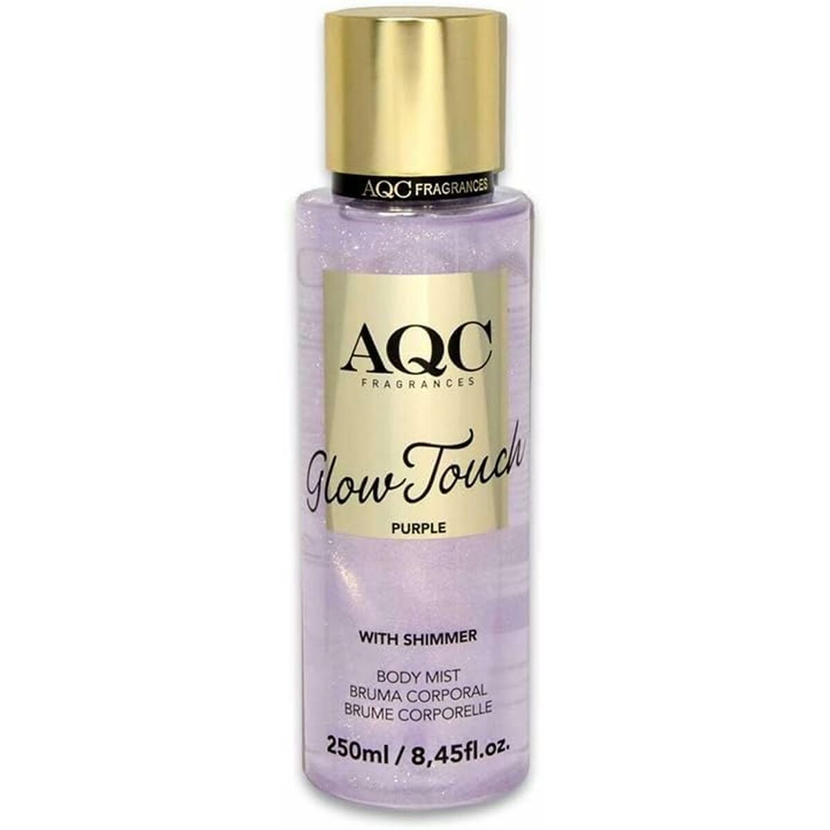 AQC Glow Touch Purple body mist with shimmer, 250 ml bottle showcasing elegant packaging.