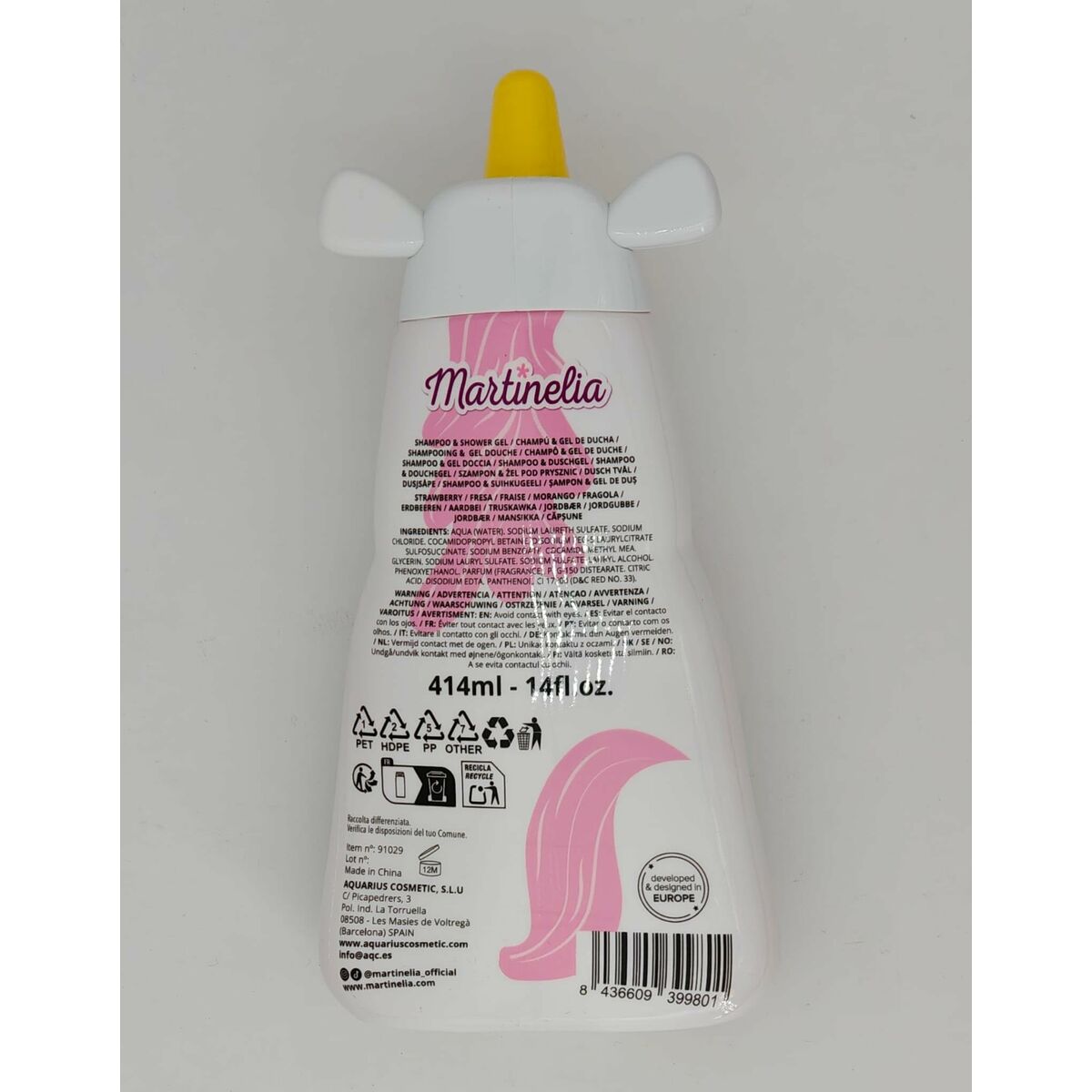 Back view of Martinelia Little Unicorn pore cleansing strips bottle, 414ml, featuring a playful unicorn design.
