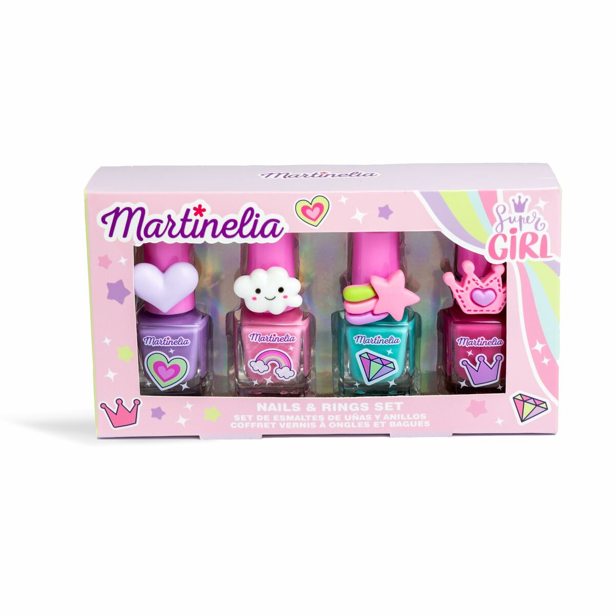 Set de vernis à ongles Martinelia SUPER GIRL avec des bagues colorées pour un look stylé et amusant.