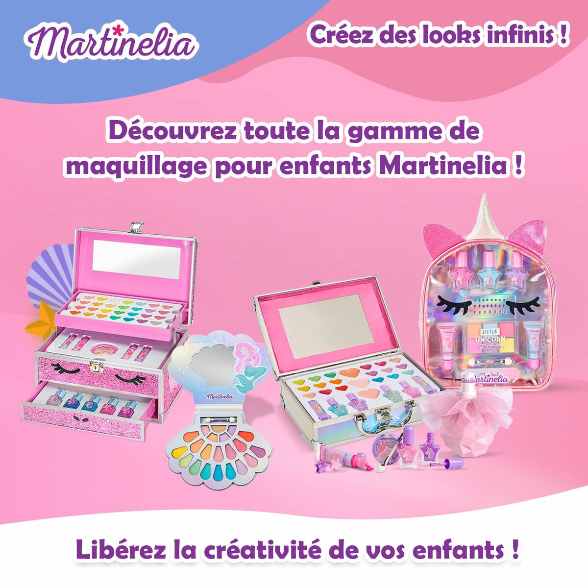Ensemble de maquillage pour enfants Martinelia avec palettes de couleurs et accessoires créatifs.