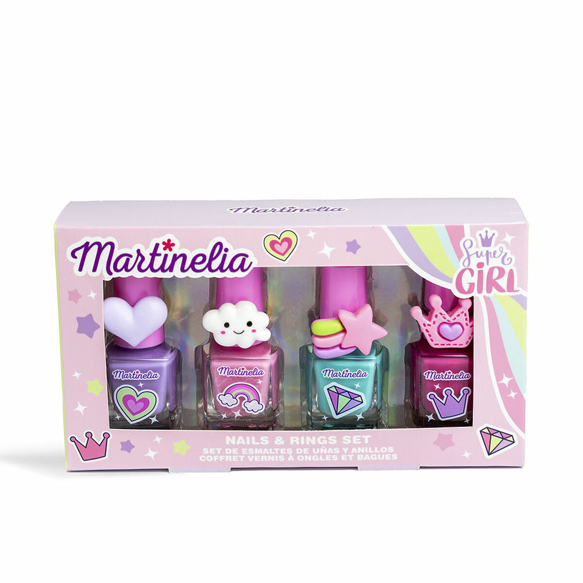Martinelia SUPER GIRL set featuring colorful nail polishes and playful ring designs for all genders.