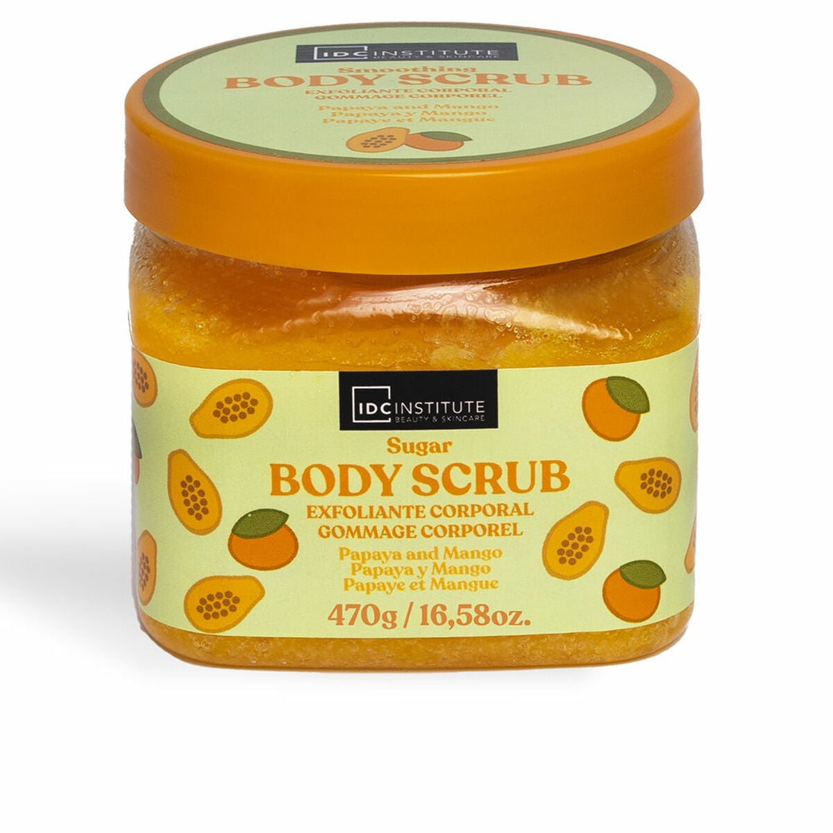 IDC Institute Sugar Body Scrub with papaya and mango, 470g jar, exfoliating body treatment for smooth skin.
