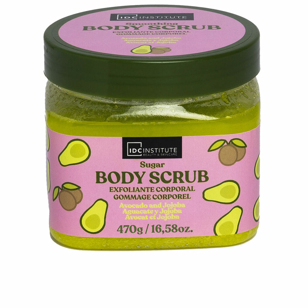 Sugar body scrub by IDC Institute, featuring avocado and jojoba, 470g jar for skin exfoliation.