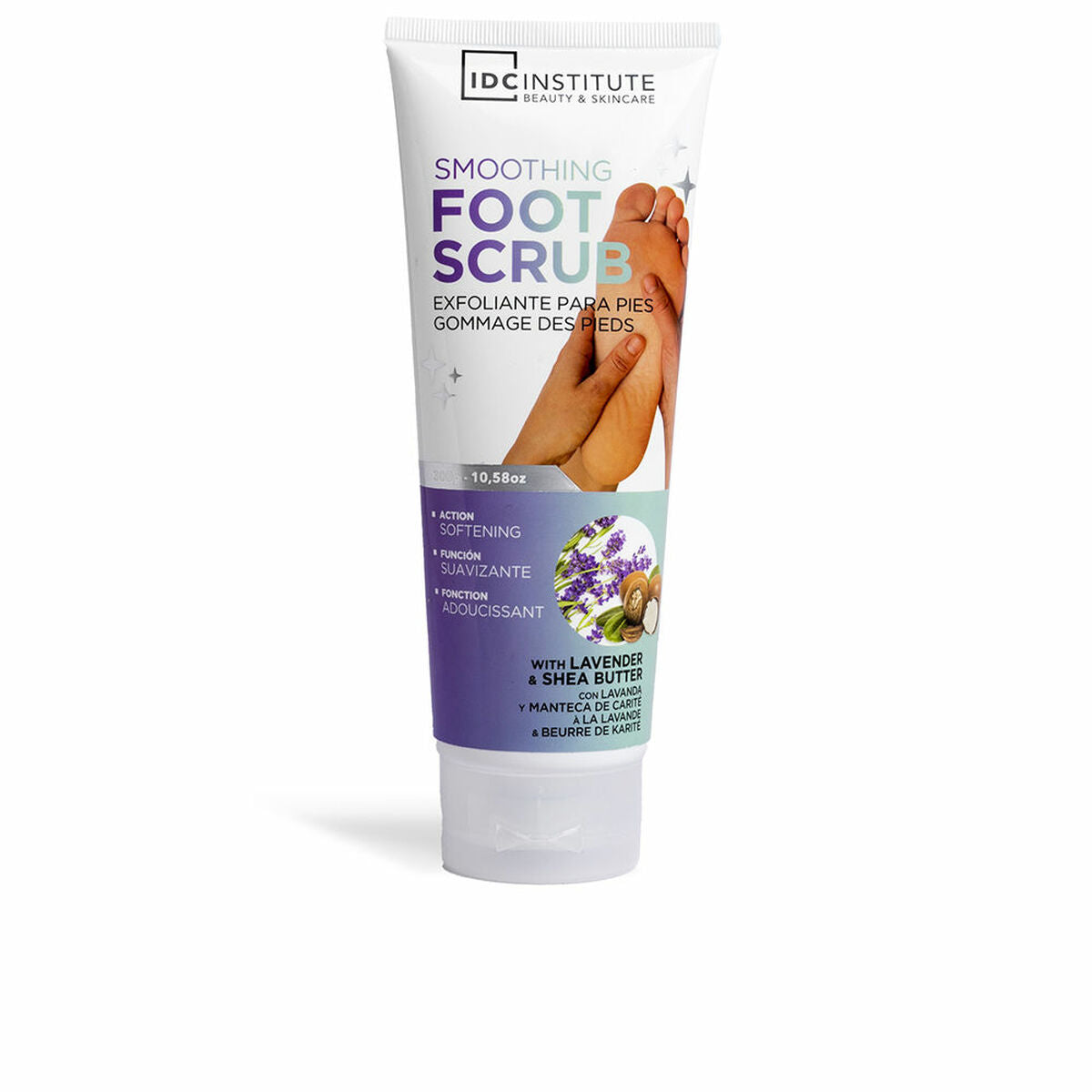 IDC Institute Smoothing Foot Scrub 300g tube with lavender and shea butter for softening feet.