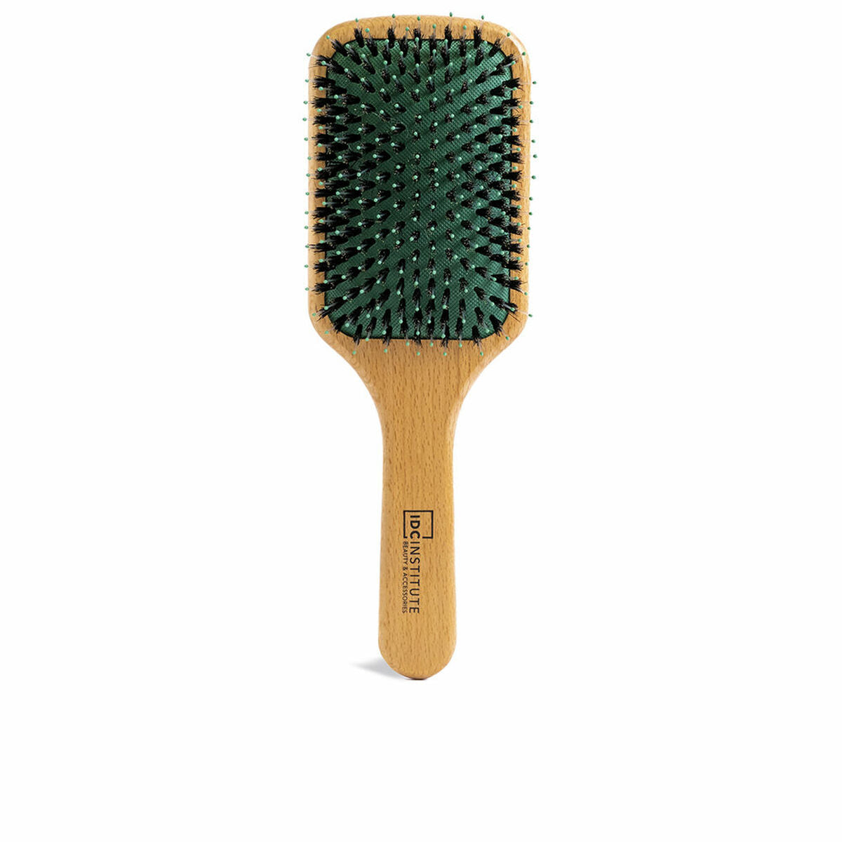IDC Institute rectangular brush for pore cleansing, unisex, with green bristles and wooden handle.