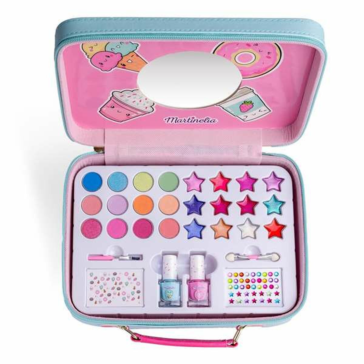 Ensemble de Beauté Martinelia avec maquillage coloré, vernis à ongles et accessoires dans une mallette rose.