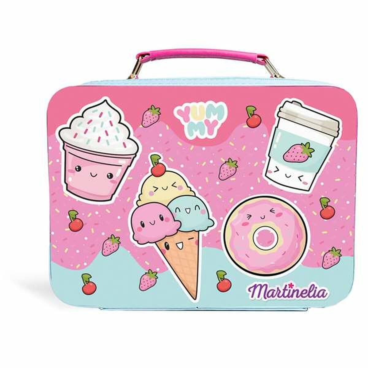 Ensemble de Beauté Martinelia - boîte avec dessins d'aliments mignons, incluant glace et donuts, couleur rose et bleue.