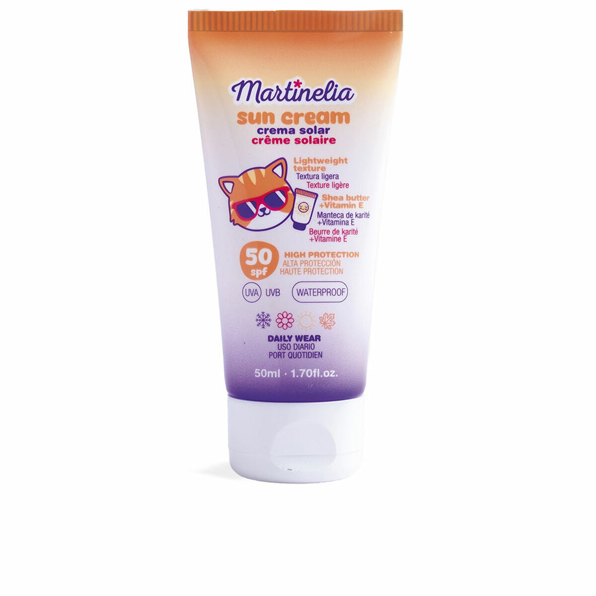 Tube of Martinelia sun cream SPF 50, waterproof, lightweight formula, ideal for daily wear.