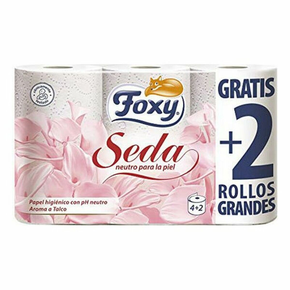 Foxy Seda toilet paper pack with 6 rolls, neutral pH and talcum scent, featuring 2 extra rolls included.