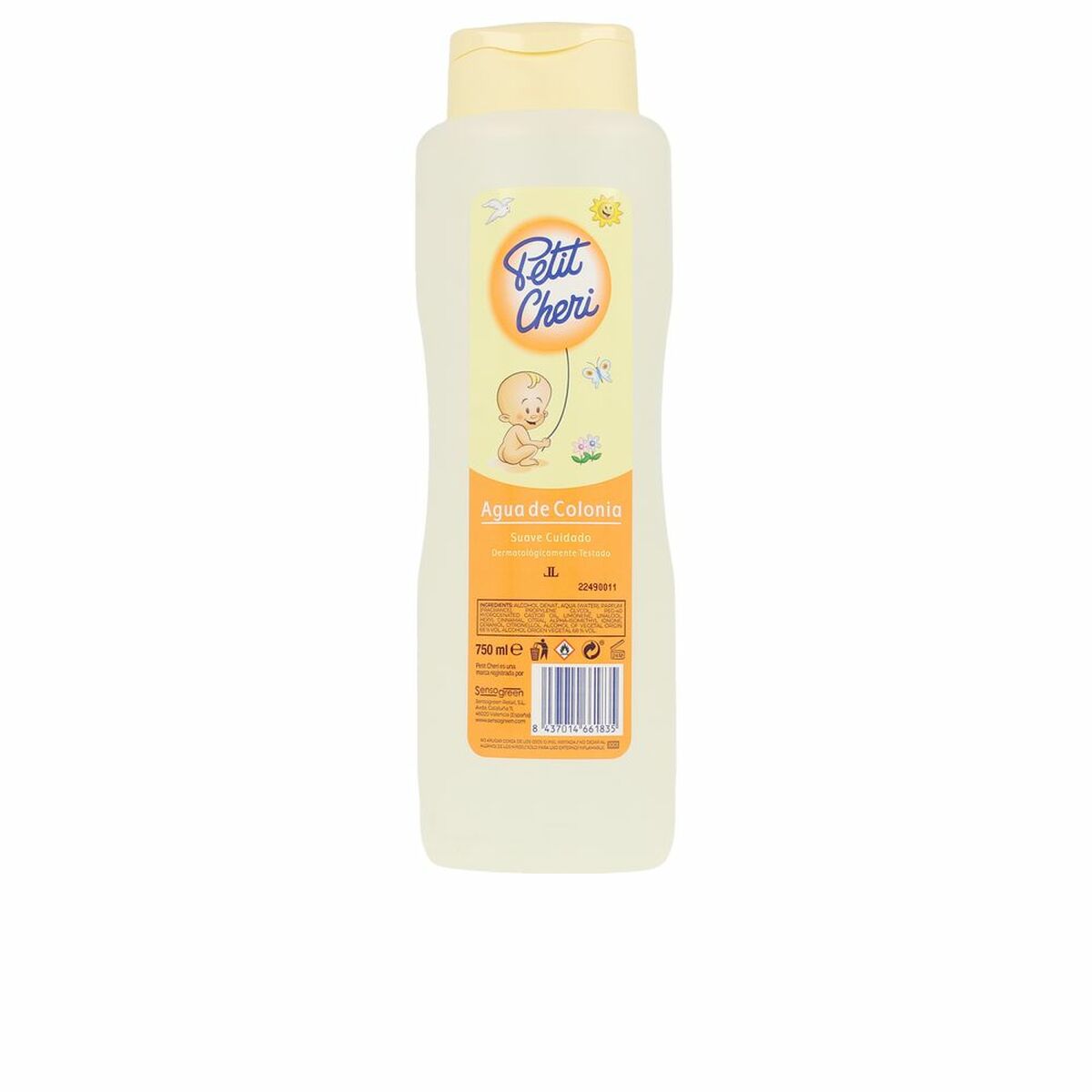 Flacon d'eau de cologne Petit Cheri 750 ml pour enfants avec emballage jaune et illustration d'un bébé.