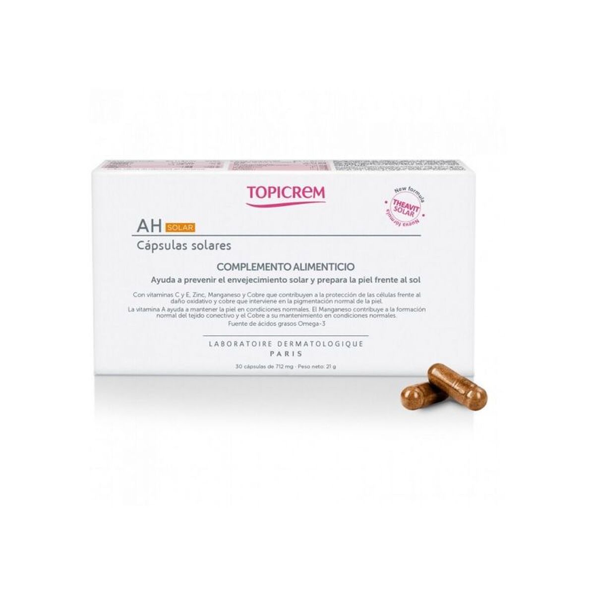 Soin anti-taches Topicrem Theavit Solar comprimés 30 unités, capsules solaires riches en vitamine C, Zinc et Magnésium.