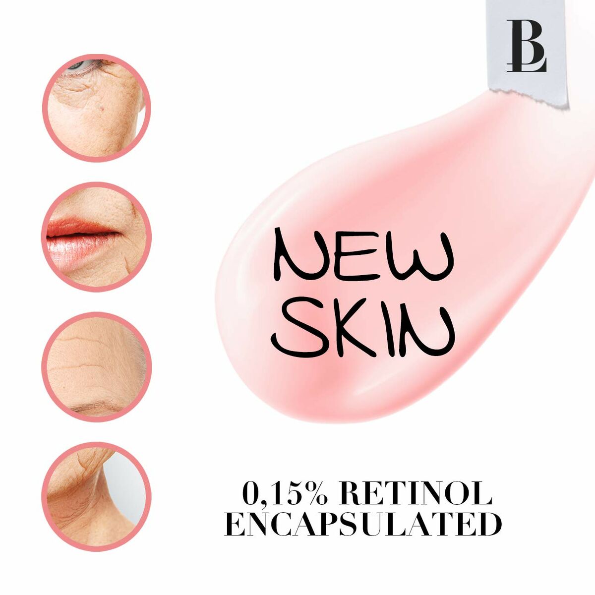 Labelist Cosmetics Silk Proage Crème visage showcasing before and after skin improvements with 0.15% encapsulated retinol.