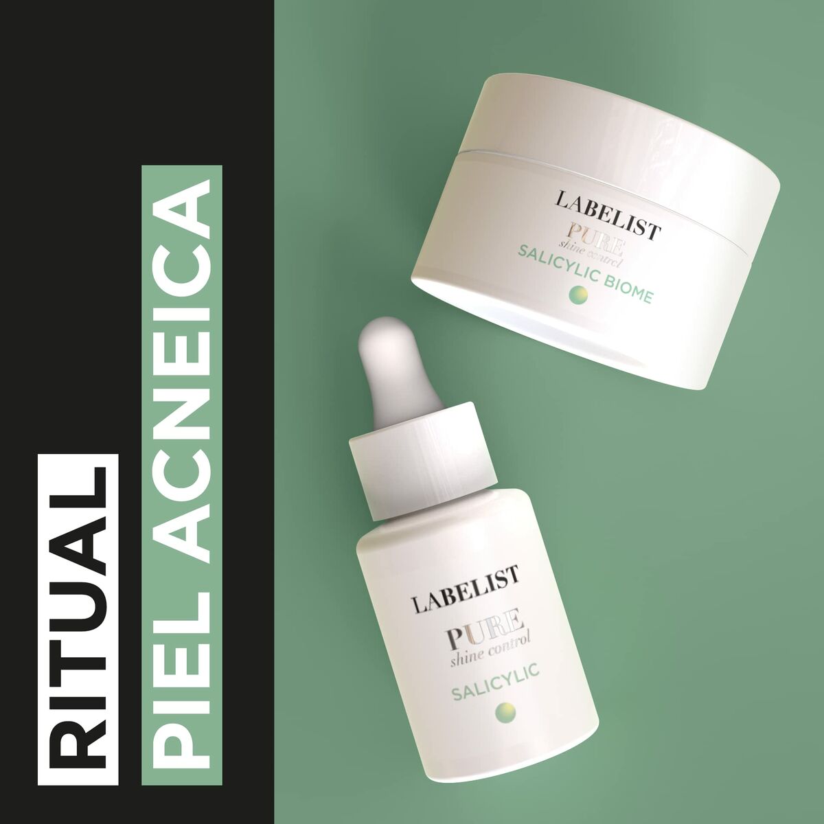 Labelist PURE skincare ritual for acne-prone skin featuring gel cream and serum on green background.
