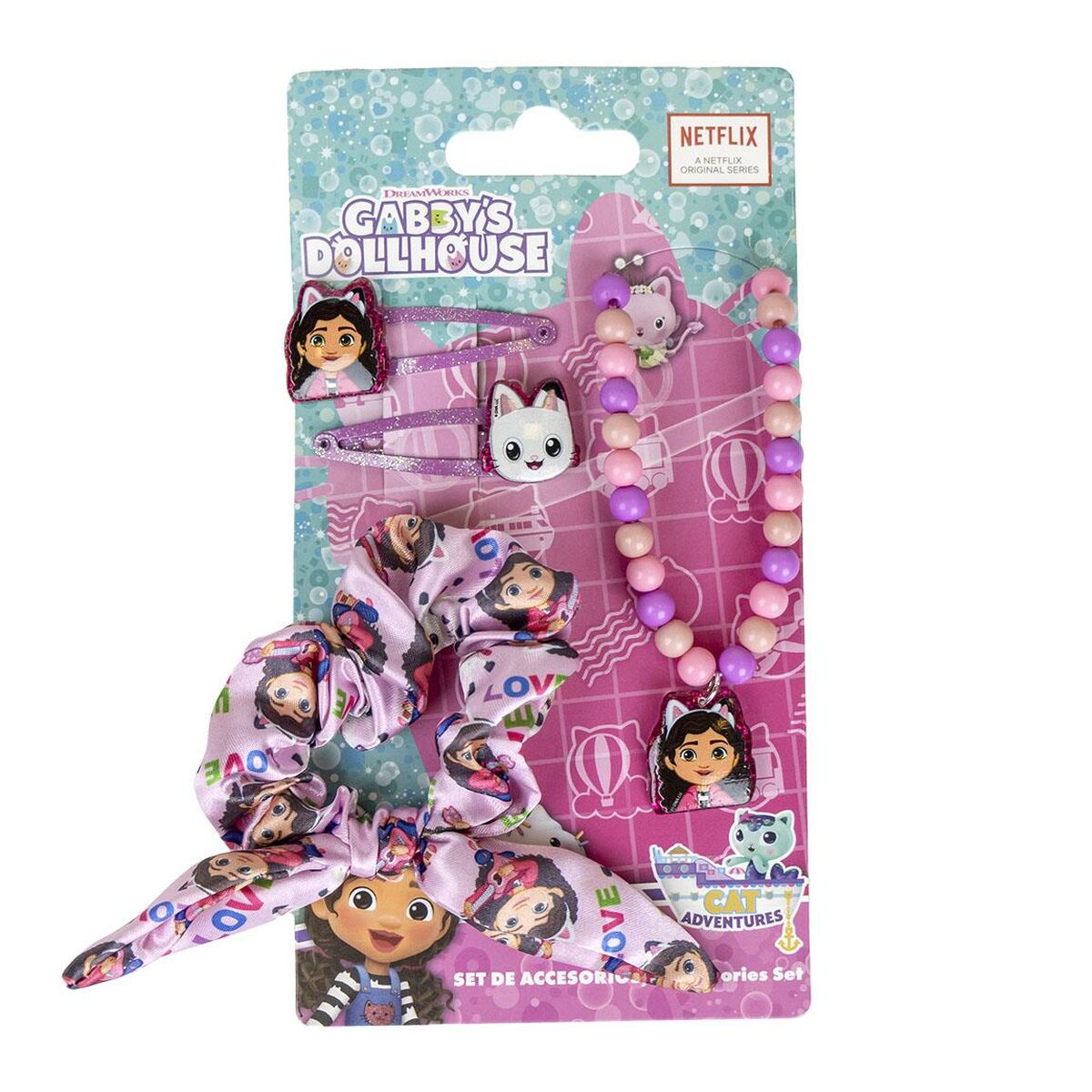 Accessoires cheveux Gabby's Dollhouse rose 4 pièces, scrunchie et barrettes pour enfants, style amusant et coloré.