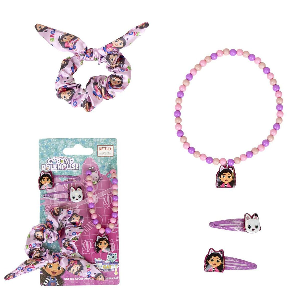 Accessoires pour les cheveux Gabby's Dollhouse rose 4 pièces, incluant un chouchou, bracelet et barrettes, parfaits pour les enfants.